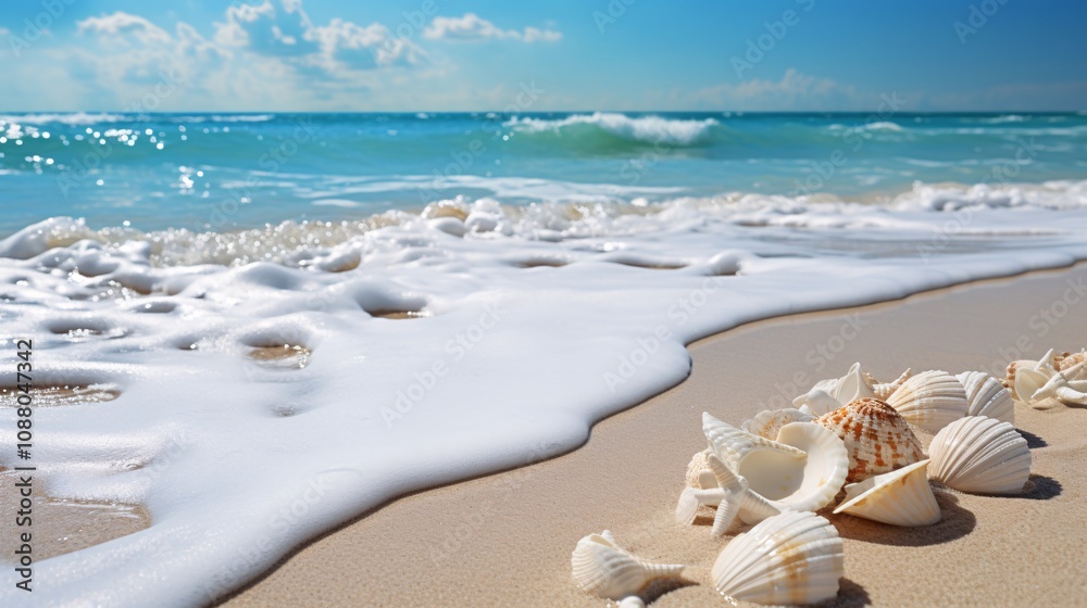 Close-up of ocean waves on a white sandy tropical beach with seashells Close-up of ocean waves on a white sandy tropical beach with seashells