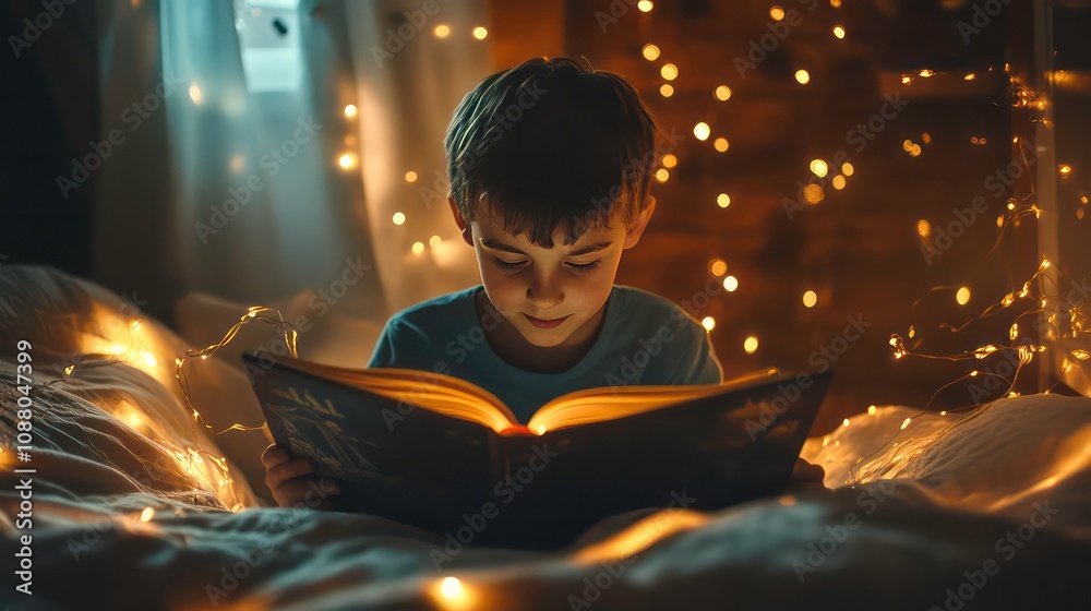 a cute young boy kids opens and reads a fairy tale story fantasy book and immerses with his childhood imagination in creative magic world sitting in his room