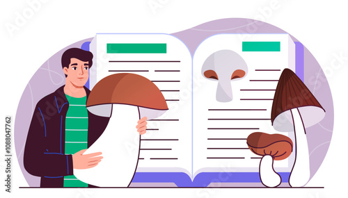 Man with book about mushrooms. Young guy with huge mushroom in his hand near open book. Harvesting and crop. Healthy eating. Flat vector illustration