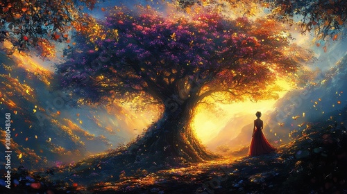 Woman under glowing tree at sunset	