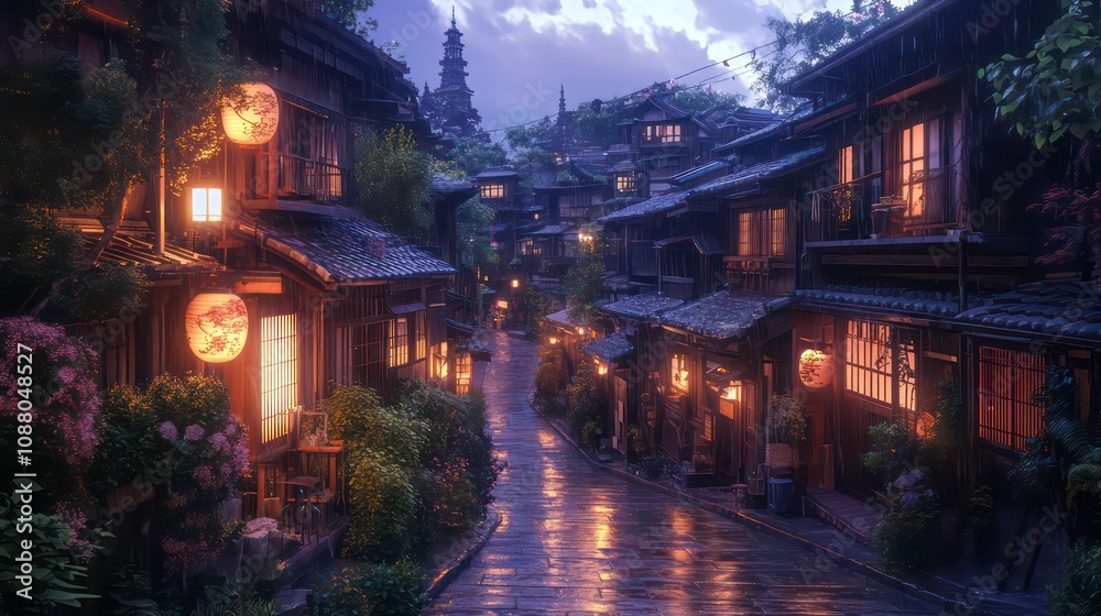a beautiful japanese tokyo city town in the evening. houses at the street. anime comics artstyle. cozy lofi asian architecture a beautiful japanese tokyo city town in the evening. houses at the street. anime comics artstyle. cozy lofi asian architecture