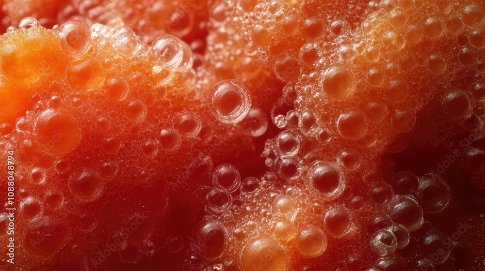 Close-up of red, bubbly texture resembling caviar or foam. Close-up of red, bubbly texture resembling caviar or foam.