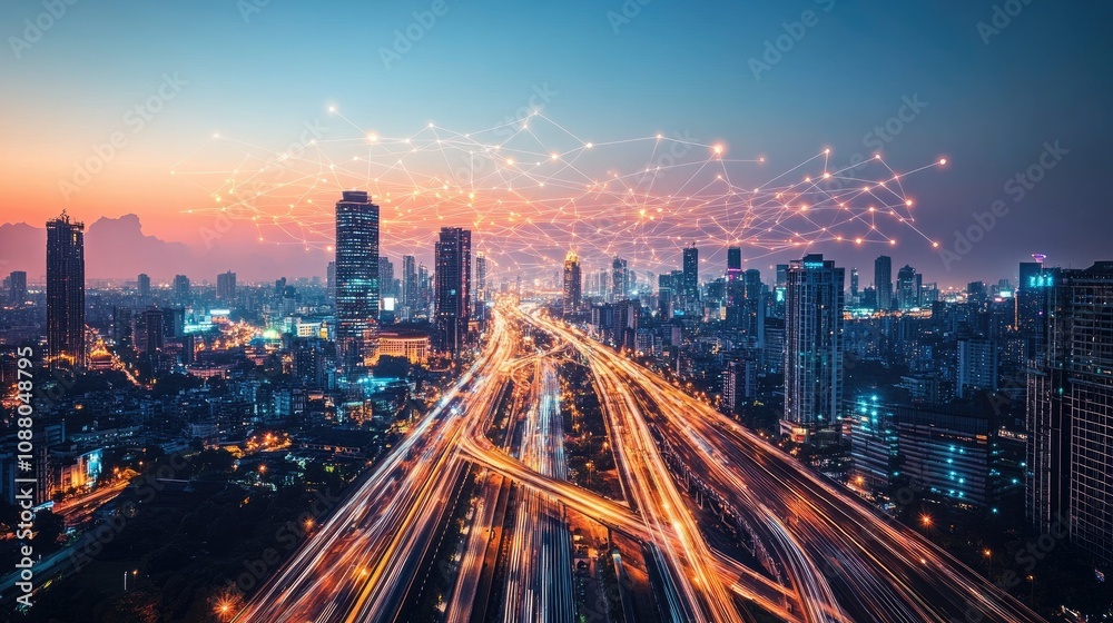Fototapeta premium Smart city at night, illuminated roads and buildings connected by network.
