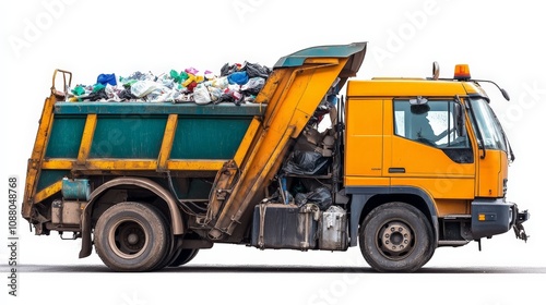 A garbage truck collecting waste from bins, isolated on a white background