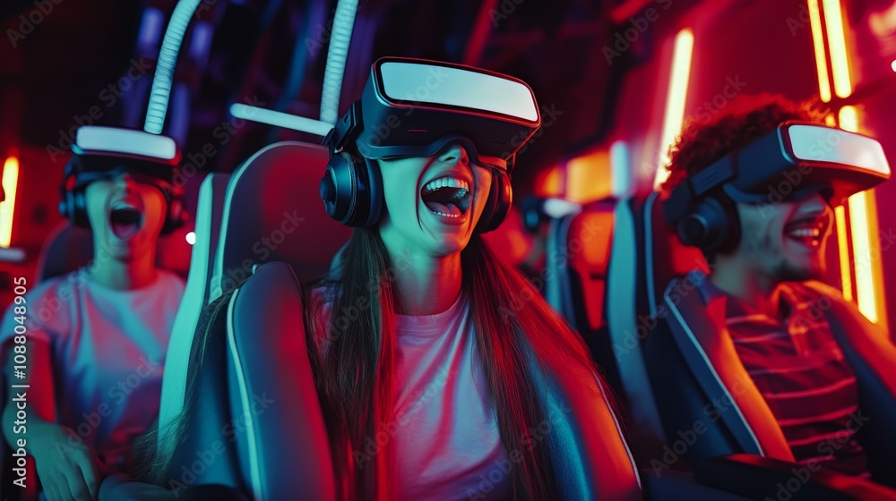 A group of friends in a virtual rollercoaster simulation, each wearing a VR headset, with expressions of excitement and fear as they experience the ride. A group of friends in a virtual rollercoaster simulation, each wearing a VR headset, with expressions of excitement and fear as they experience the ride.