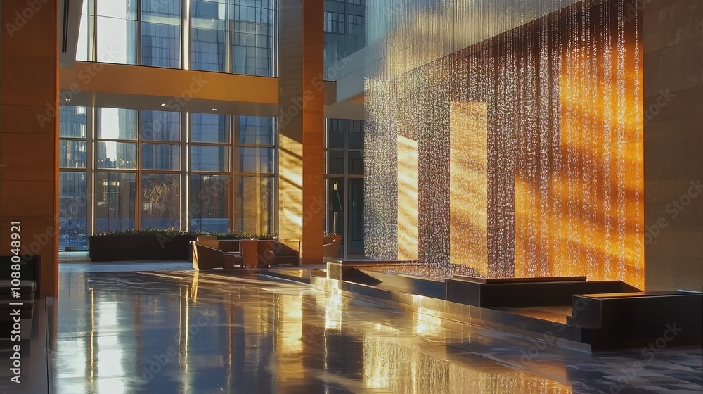 Fototapeta premium Sunlit modern lobby with indoor waterfall.