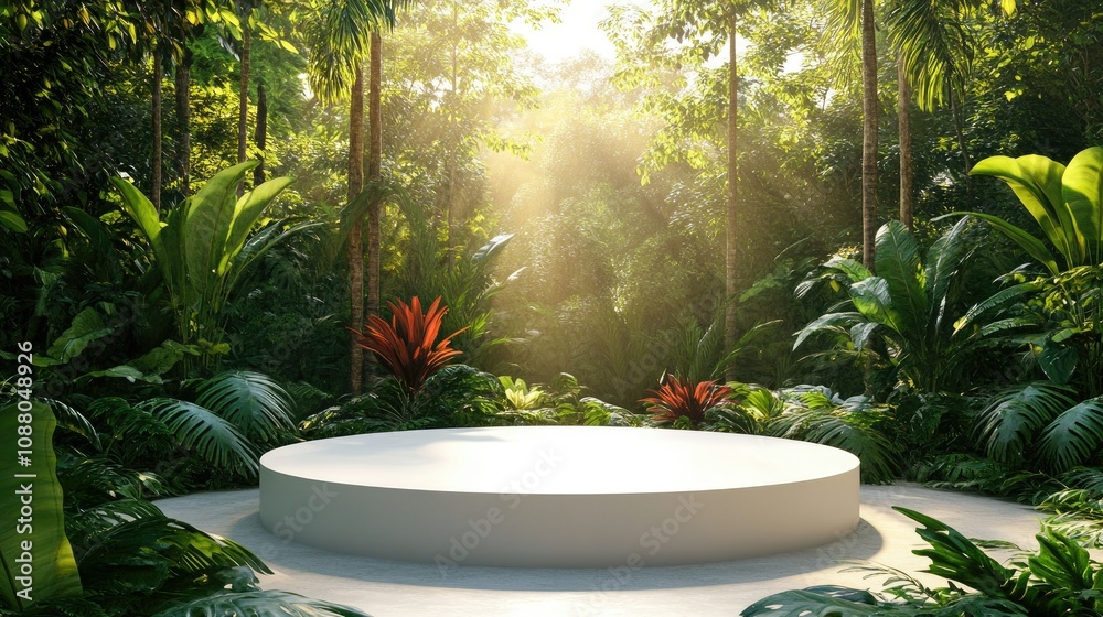 Sunlit jungle scene with empty white circular platform.