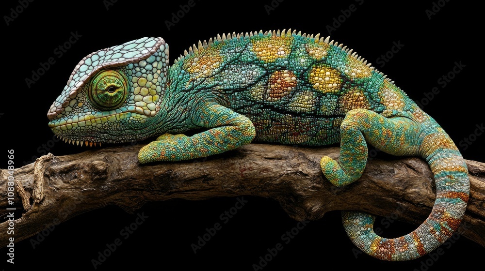Vibrant chameleon perched on a branch against a black background. Vibrant chameleon perched on a branch against a black background.
