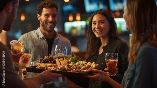 A group of coworkers sharing a platter of appetizers during a happy hour, with a lively office or bar setting in the background.