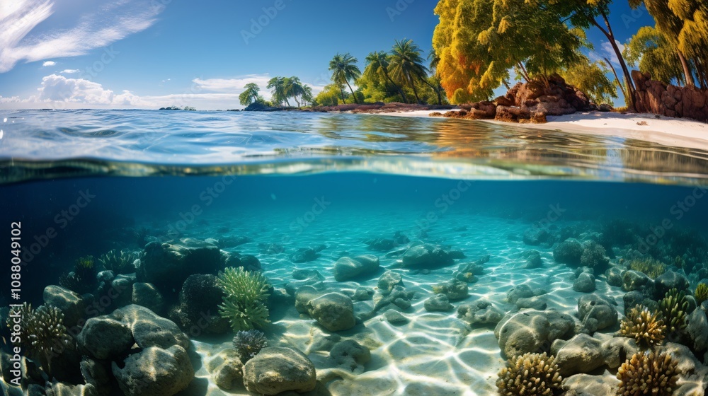 Fototapeta premium Tropical beach with calm ocean waves and a vibrant coral reef just offshore