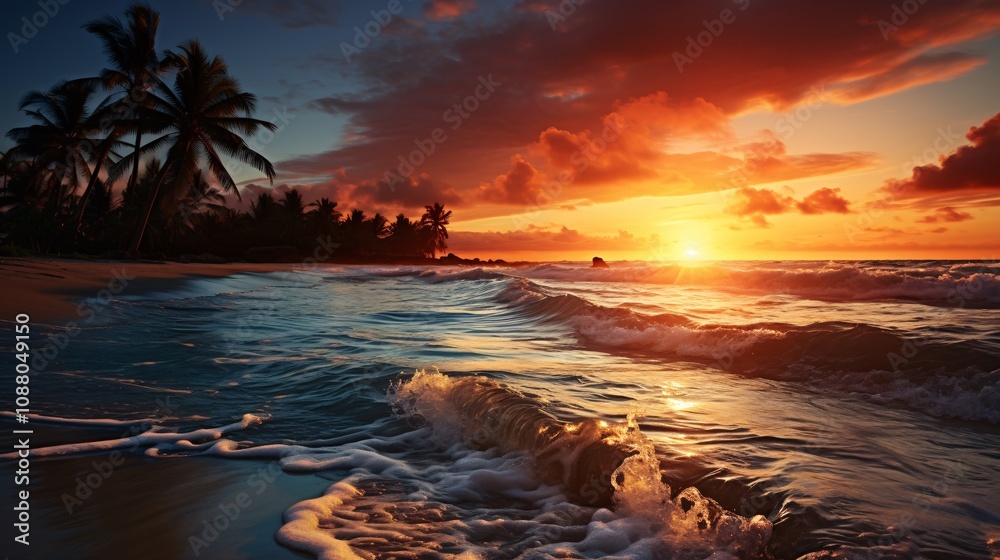 Sunset over a tropical beach with gentle ocean waves and palm trees silhouetted Sunset over a tropical beach with gentle ocean waves and palm trees silhouetted