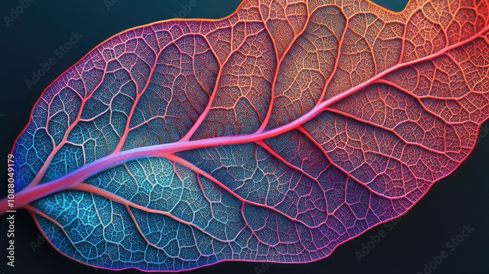 Obraz premium Close-up of a leaf's intricate vein network, vibrant colors.