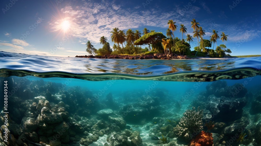 Gentle ocean waves rolling onto a tropical beach with vibrant coral reefs Gentle ocean waves rolling onto a tropical beach with vibrant coral reefs