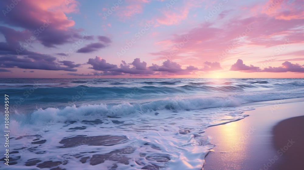 Gentle ocean waves on a tropical beach at dusk with a pink and purple sky Gentle ocean waves on a tropical beach at dusk with a pink and purple sky
