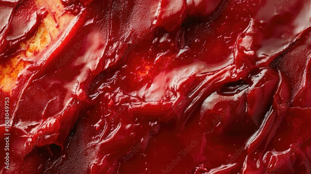 Close-up of red, glossy, textured paste. Close-up of red, glossy, textured paste.