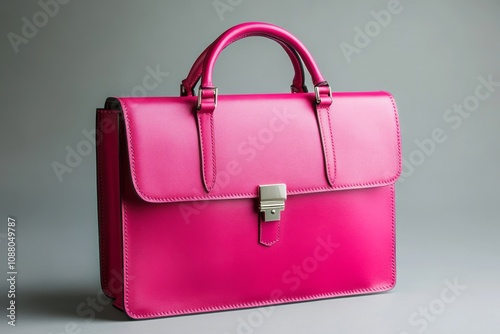 Trendy pink women's handbag briefcase showcased against a sleek grey background in a modern studio setting