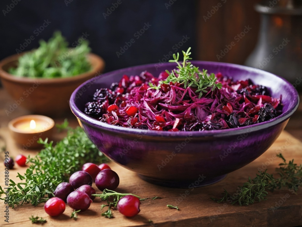 Rotkohl served in a rustic ceramic bowl placed on a wooden board Rotkohl served in a rustic ceramic bowl placed on a wooden board