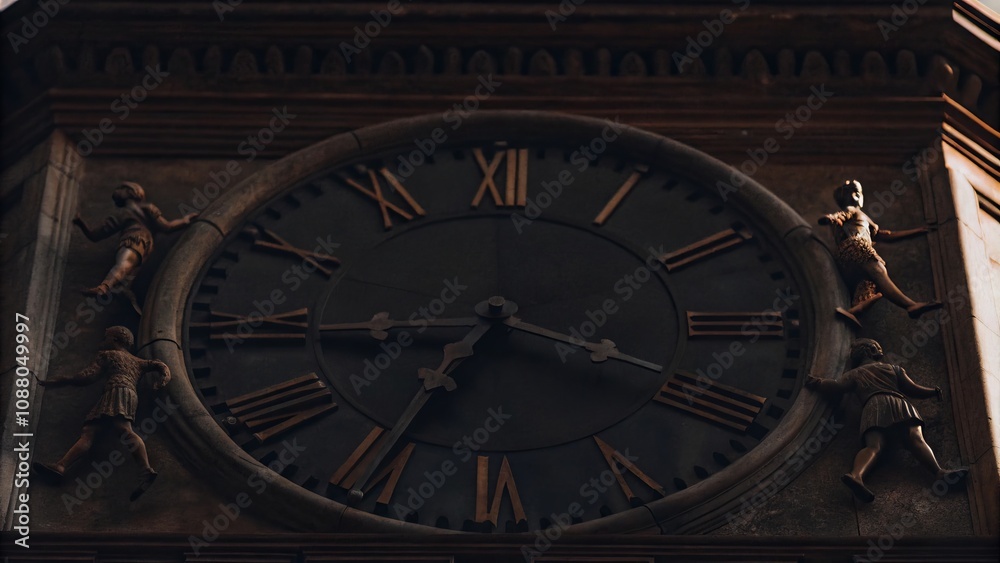 Antique clock with roman numerals and figurines in low light Antique clock with roman numerals and figurines in low light