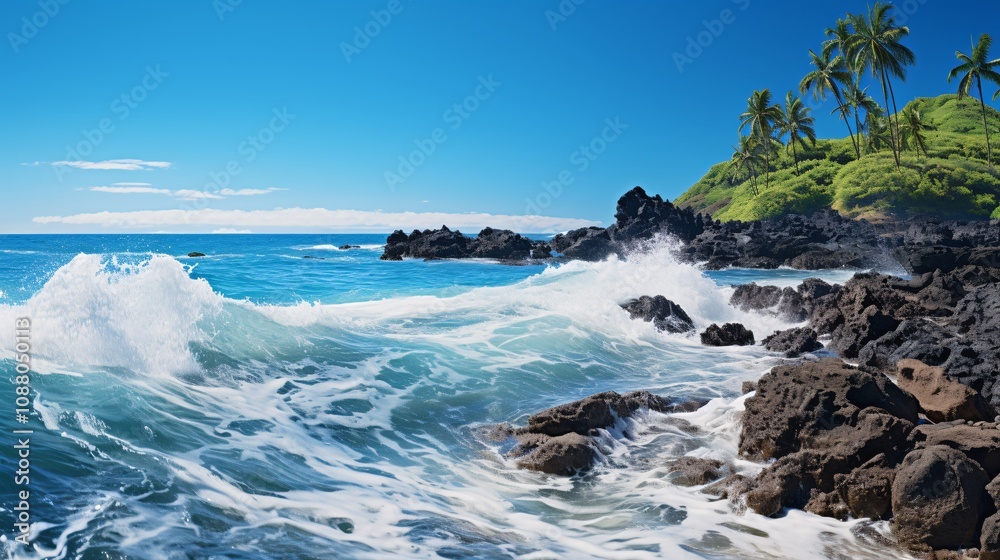 Waves crashing against a rocky outcrop on a tropical beach with a clear blue sky Waves crashing against a rocky outcrop on a tropical beach with a clear blue sky