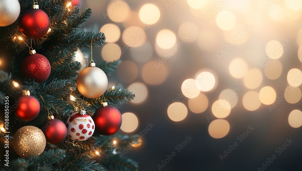 Obraz premium Charming Christmas Tree with Red Ribbons and Sparkling Golden Ornaments