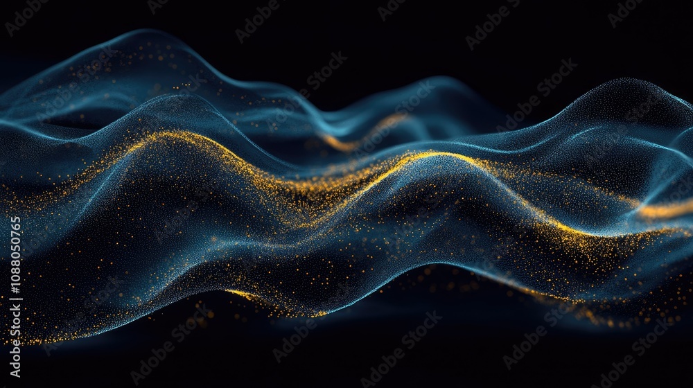 Fototapeta premium Abstract blue and gold particle wave flowing in dark space.