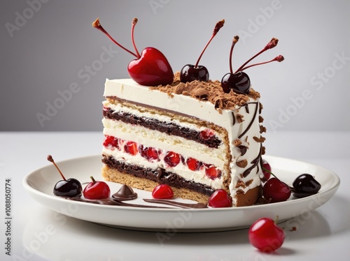 A slice of Schwarzwälder Kirschtorte placed on a simple white plate photo