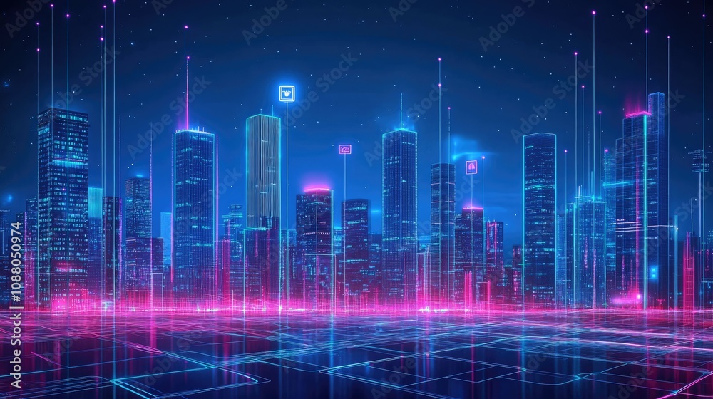 Futuristic cityscape at night with neon lights and digital data streams. Futuristic cityscape at night with neon lights and digital data streams.