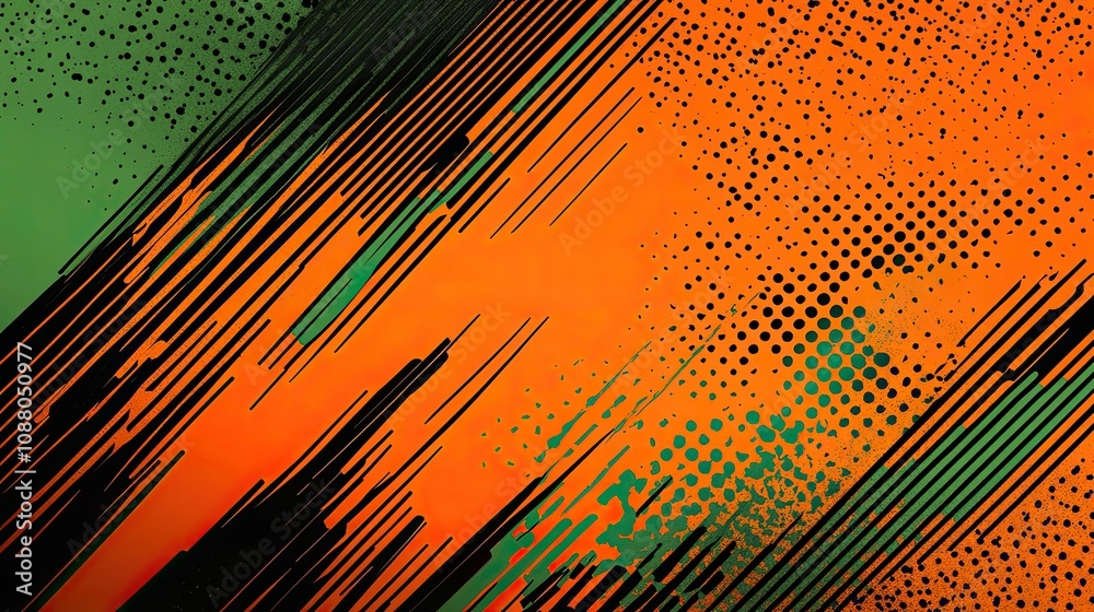 Fototapeta premium Abstract orange and green diagonal lines and dots texture.