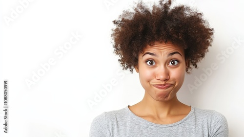 A person giving a sarcastic smirk, showing playful discontent, isolated on a white background