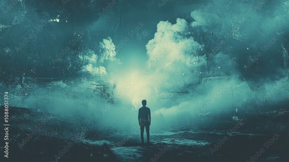 Lone figure standing in a surreal, misty, nighttime landscape, gazing towards a bright light. Lone figure standing in a surreal, misty, nighttime landscape, gazing towards a bright light.