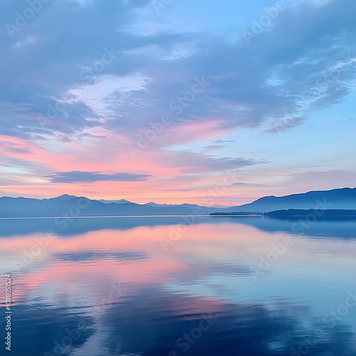 Tranquil Sunrise over Mountain Lake with Soft Pastel Colors Reflected on Calm Waters in a Serene Natural Landscape