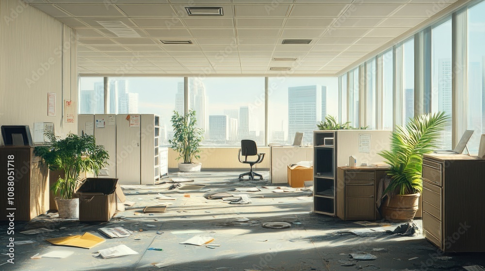 Fototapeta premium Deserted office space with scattered papers and furniture, city view.