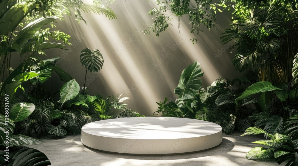 Sunlit tropical scene with a white round podium. Sunlit tropical scene with a white round podium.