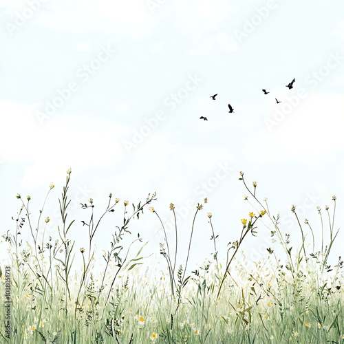 Tranquil Meadow Scene with Delicate Wildflowers, Gentle Breeze, Clear Blue Sky, and Birds Soaring Above, Perfect for Nature and Landscape Themes