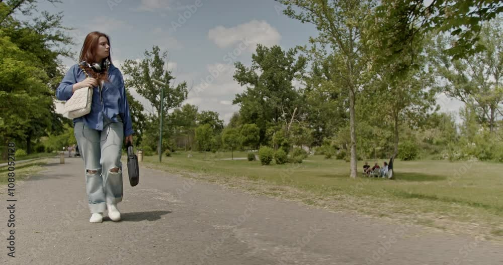 A young woman walks through a park with a laptop bag and purse. She is wearing headphones and looks contemplative as she walks. People are enjoying the day in the background. A young woman walks through a park with a laptop bag and purse. She is wearing headphones and looks contemplative as she walks. People are enjoying the day in the background.