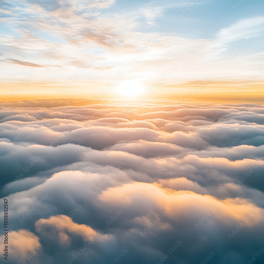 Serene Sunrise Over Soft Cloud Layers: A Tranquil Aerial View of Golden Light Spreading Across a Sea of Fluffy Clouds in the Morning Sky Serene Sunrise Over Soft Cloud Layers: A Tranquil Aerial View of Golden Light Spreading Across a Sea of Fluffy Clouds in the Morning Sky