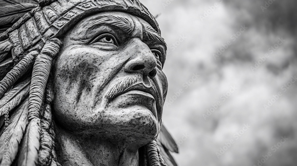 Close-up of a weathered Native American statue. Close-up of a weathered Native American statue.