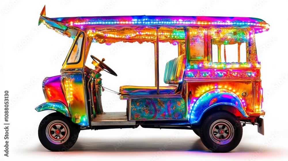 Obraz premium A tuk-tuk fully decorated with bright colors and lights, isolated on a white background