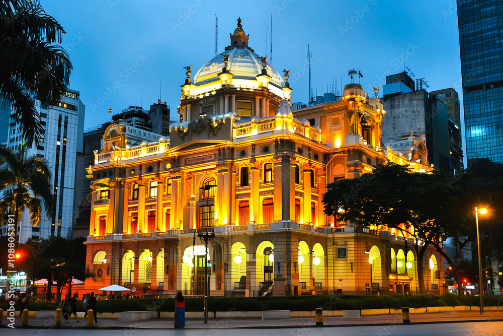 Naklejka premium Illuminated Historic Building at Dusk