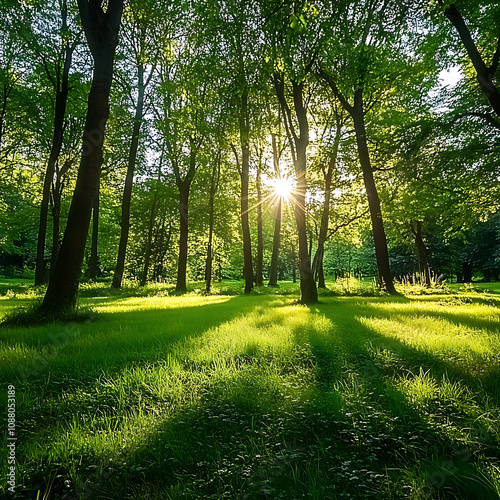 Serene Morning Light Streaming Through Lush Green Trees in a Tranquil Forest Scene Capturing Nature's Beauty and Peacefulness