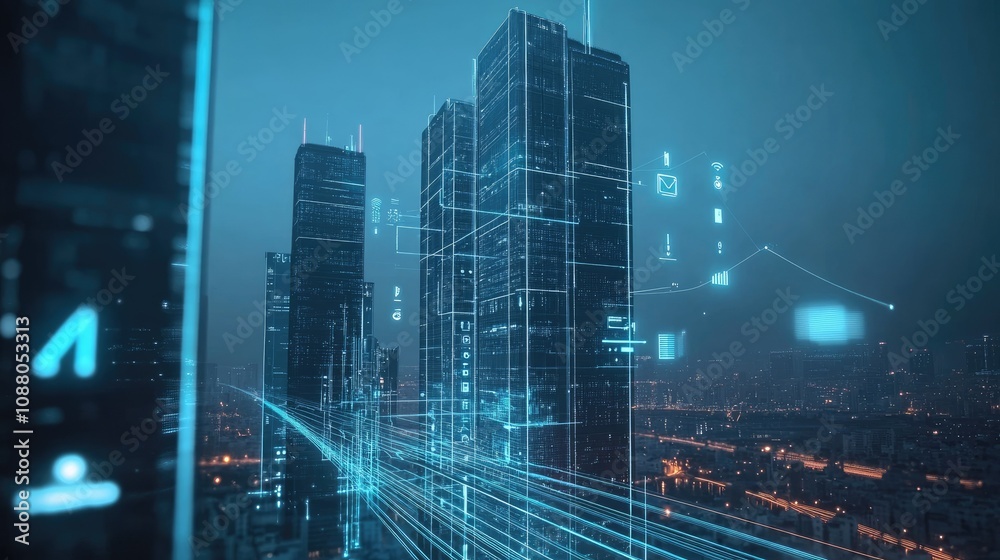 Futuristic cityscape with digital overlays showing data streams and network connections. Futuristic cityscape with digital overlays showing data streams and network connections.
