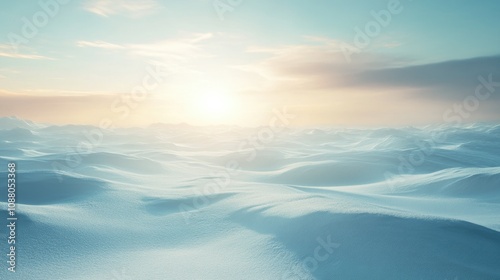 Serene arctic landscape at sunset, showing vast, snow-covered plains under a pastel sky.