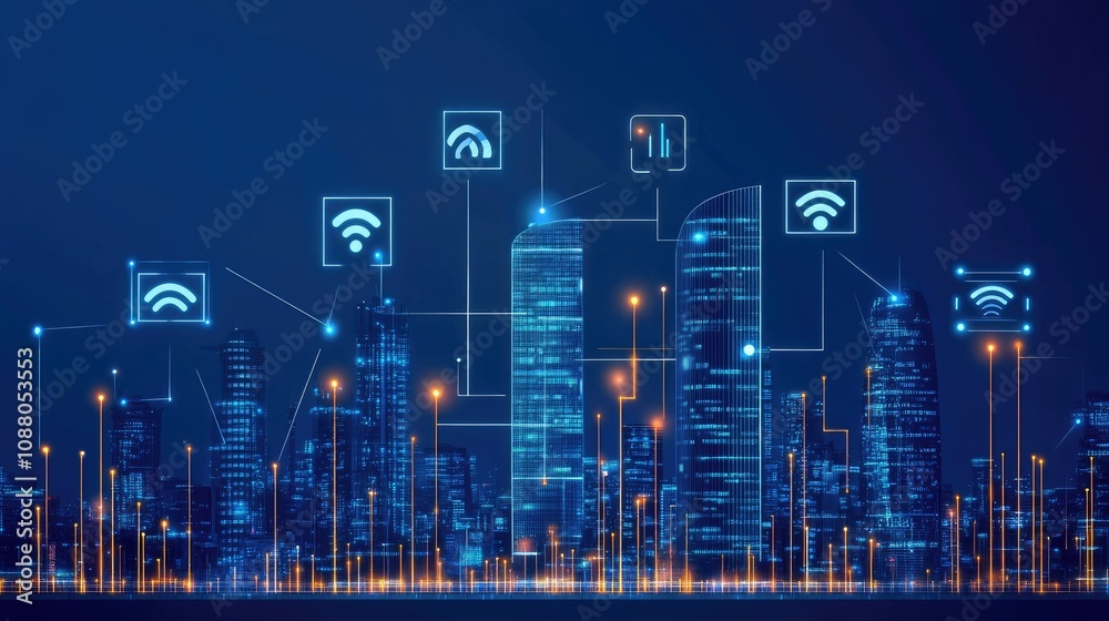 Fototapeta premium Smart city digital network, futuristic cityscape with wireless connection icons.