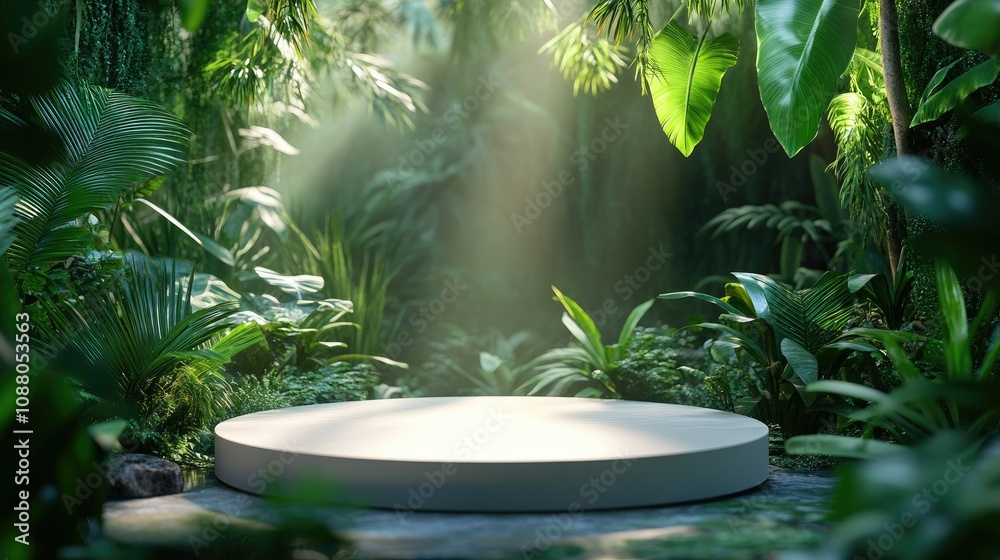 Tropical jungle scene with white round podium.