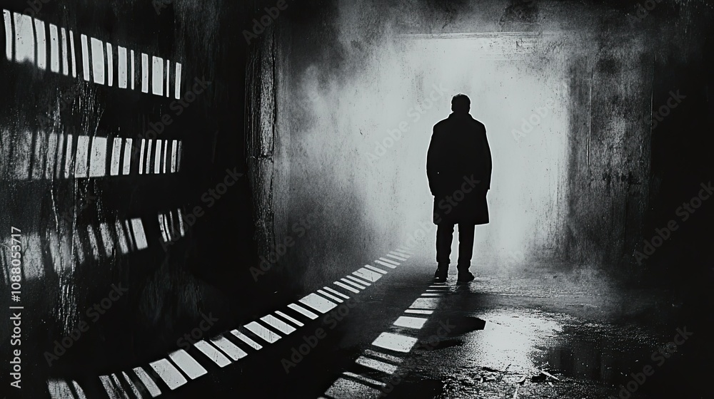 Mysterious figure in dark corridor, light at end. Mysterious figure in dark corridor, light at end.