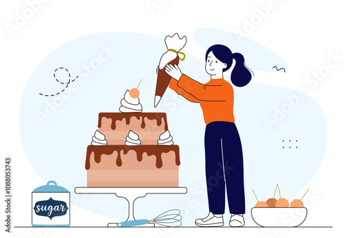 Chef decorating cake. Woman prepares dessert and delicacy. Homemade pastry and bakery products with chocolate icing. Baker and confectioner. Linear vector illustration