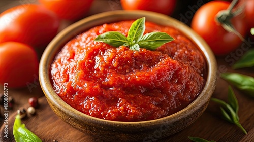 Bowl of homemade tomato sauce with fresh basil and tomatoes.