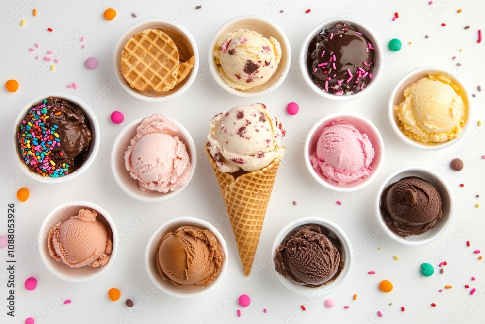 Colorful ice cream scoops in bowls and cones with sprinkles arranged on a bright white background for a delightful summer treat Colorful ice cream scoops in bowls and cones with sprinkles arranged on a bright white background for a delightful summer treat