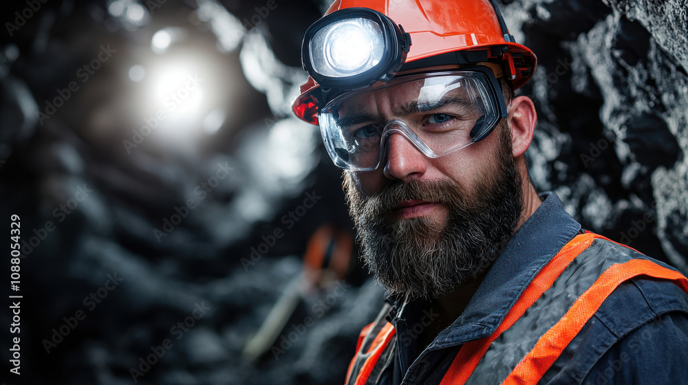 mining engineer wearing helmet and safety goggles inspects underground tunnel. scene captures rugged environment and focus on safety in mining operations mining engineer wearing helmet and safety goggles inspects underground tunnel. scene captures rugged environment and focus on safety in mining operations