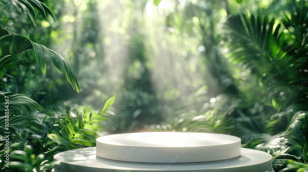 Lush jungle backdrop with sunlit white platform.